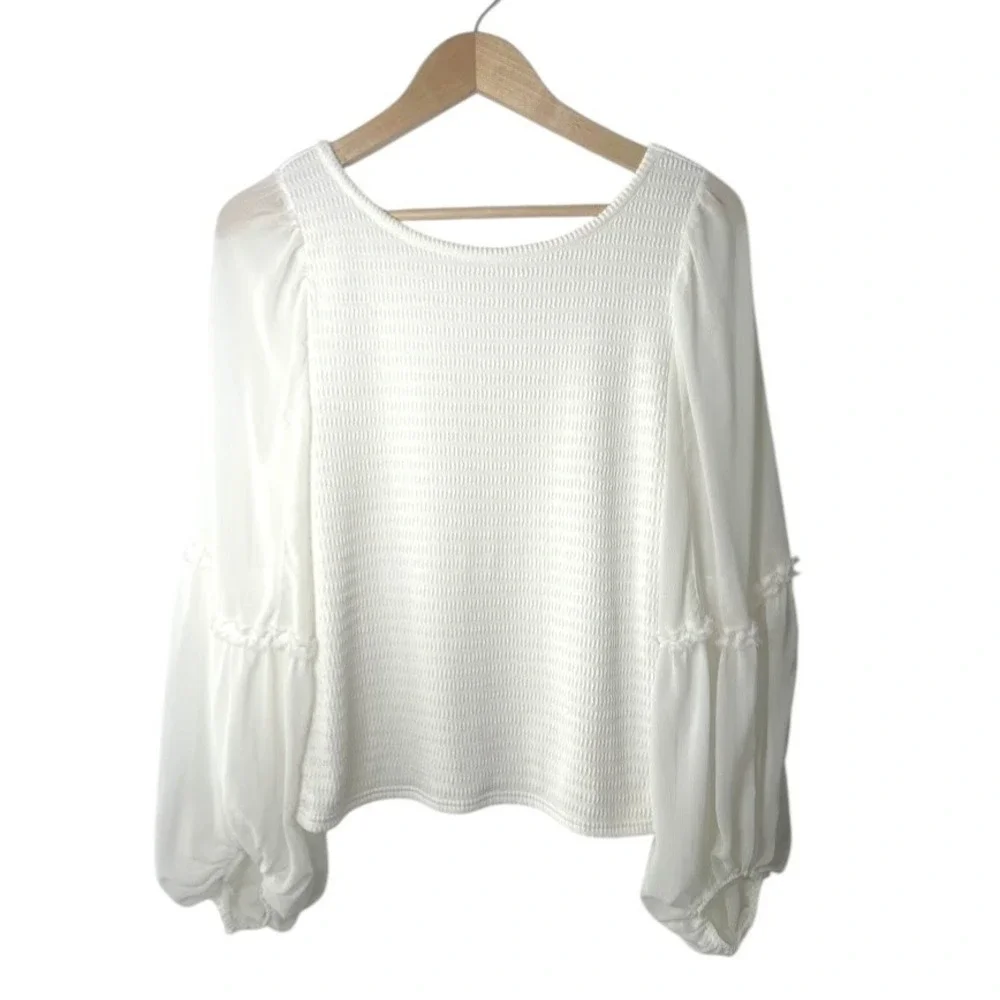 Anthropologie White Smocked Balloon Sleeve Blouse Top XL Boho Romantic